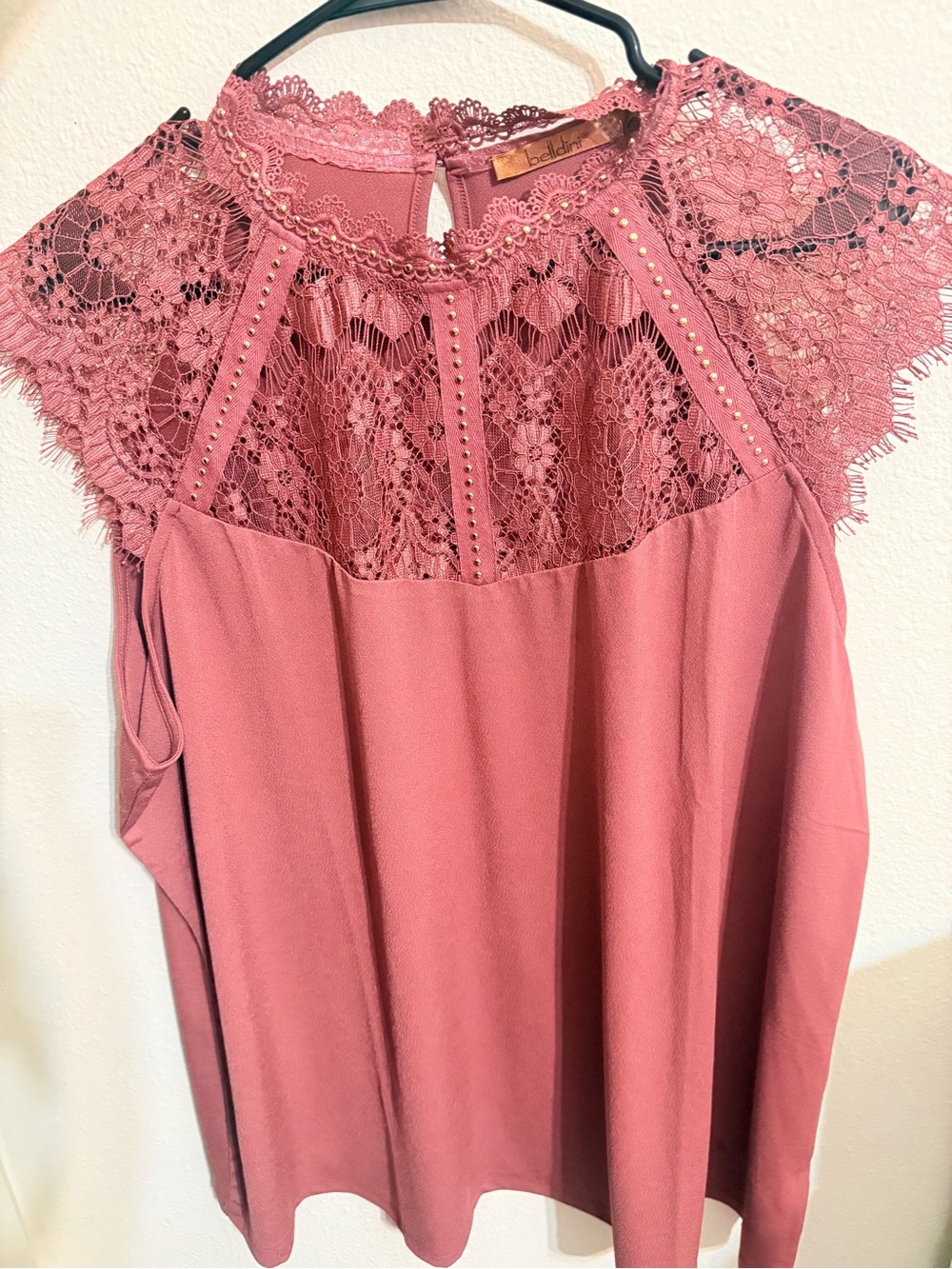 Belldini Dusty Rose Lace Yoke Sleeveless Blouse